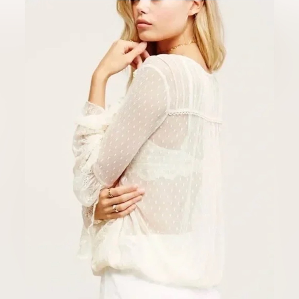 Free People Far Away Lace Blouse Medium Cream Sheer Boho Romantic Top - Picture 6 of 16